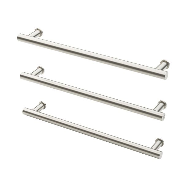 Phoenix Heated Triple Towel Rail Round 600mm - Brushed Nickel - Horizontal View