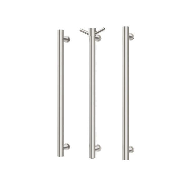 Phoenix Heated Triple Towel Rail Round 600mm - Brushed Nickel with Vertical Rail Hook