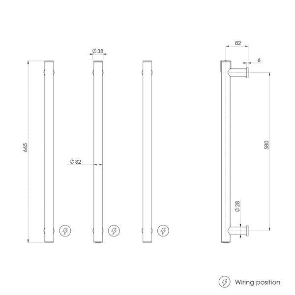 Phoenix Heated Triple Towel Rail Round 600mm - 650-8762-00 - Chrome - Technical Drawing