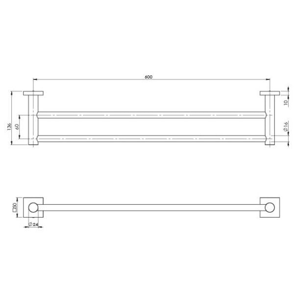 Phoenix Radii Double Towel Rail Square Plate 600mm - RS813-31 - Brushed Carbon - Technical Drawing