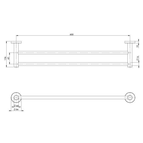 Phoenix Radii Double Towel Rail Round Plate 600mm RA812-31 Brushed Carbon - Technical Drawing