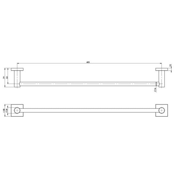 Phoenix Radii Single Towel Rail 600mm Square Plate - Brushed Carbon - RS804-31 - Technical Drawing