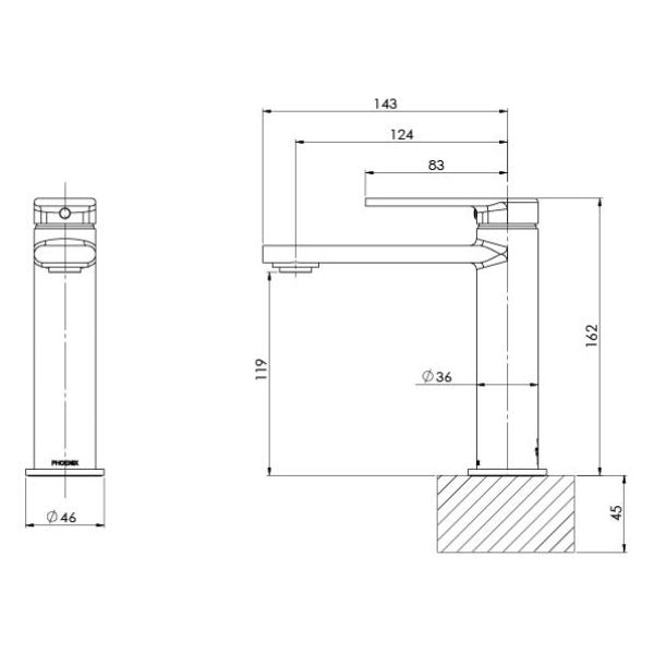 Phoenix Teel Basin Mixer - Brushed Carbon - Technical Drawing