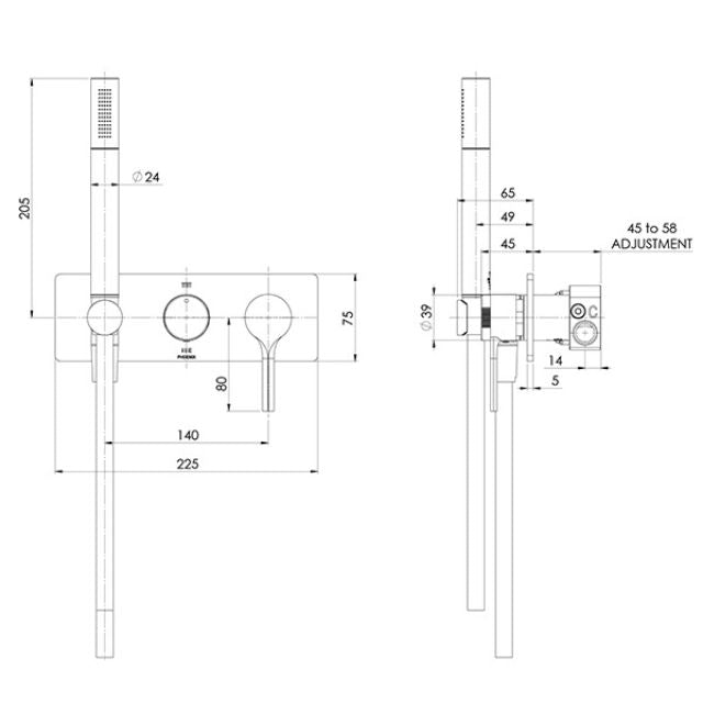 Technical Drawing Phoenix Vivid Slimline Oval Wall Shower System Matte Black VV7490-10 - The Blue Space