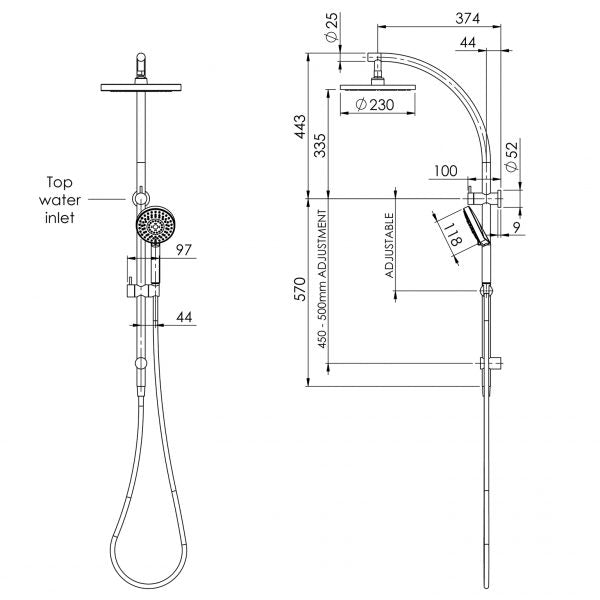 Phoenix Vivid Twin Shower - Brushed Carbon - Technical Drawing