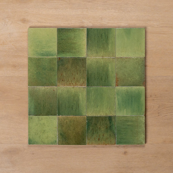 Sicily Giada Green Gloss Zellige Cushioned Edge Porcelain Tile 100x100mm - The Blue Space