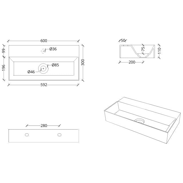Technical Drawing Studio Bagno Spy 60 Basin 0 Taphole SPY60/0 - The Blue Space