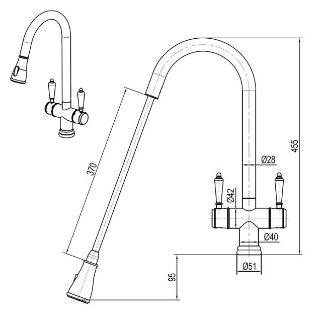 Technical Drawing Suprema Xpress Fit Xquisite Dual Handle Retracable Sink Mixer - Gun Metal XFIT1030RKM_GM - The Blue Space