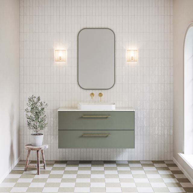 Timberline Henley Kent Wall Hung Vanity - 1200mm - The Blue Space
Finish: Olive Satin Cabinet finish
Benchtop: Silk Whisper SilkSurface
Handles: Monarch Handle
Basin: White Gloss Rome Inset Ceramic Basin
Shaving Cabinet: Timberline Jazz Arch Frame Mirror