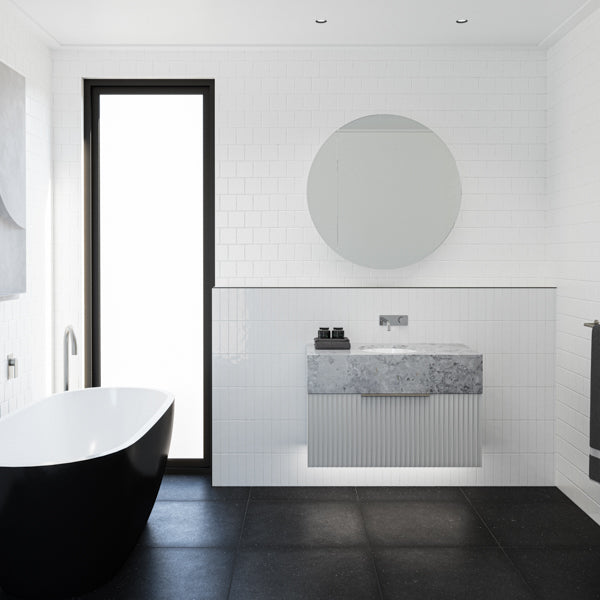 Timberline Havana Round Shaving Cabinet pictured with Timberline Kingsley 900 apollo fluted vanity with box top and undercounter basin