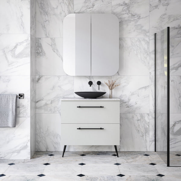 Timberline Nevada Plus 900mm Vanity on Black Angled Legs. Light Grey Satin cabinet with Stratiss Silksurface top and Black Duke Handles in monochromatic bathroom - The Blue Space