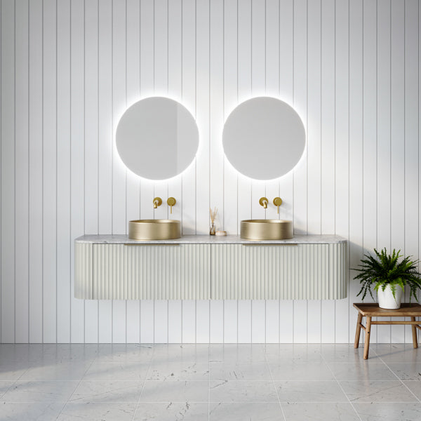 Timberline Santos Curved 1800 Double vanity with Fluted Apollo front in Light Pistachio paint finish. Pictured with brushed gold stainless steel basin and matching tapware in crisp white bathroom - The Blue Space