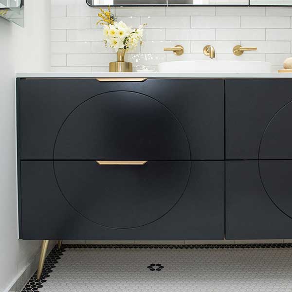 Timberline Sutherland House Retro Vanity 1500mm, Calcutta Snow SilkSurface Top, Above Counter Basin, Brushed Gold Ova Handles, Brushed Gold Angled Legs, Black Satin finish -The Blue Space