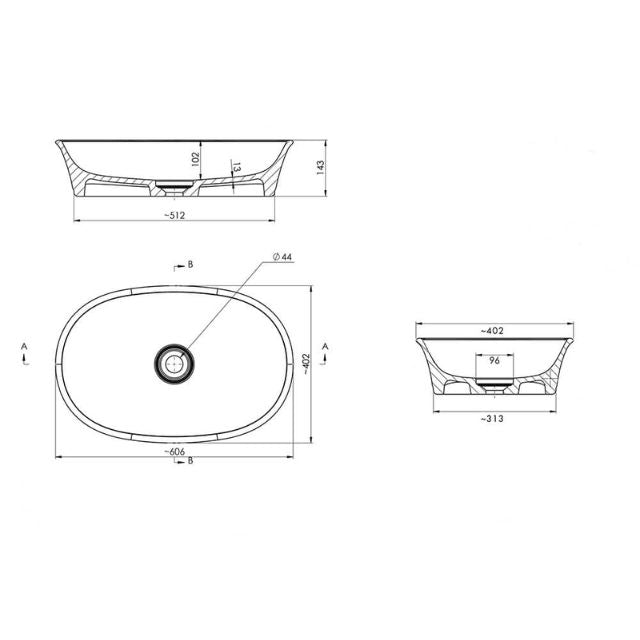 Technical Drawing Turner Hastings Claremont 600mm MagnaCast Basin - Matte White CL601BA - The Blue Space