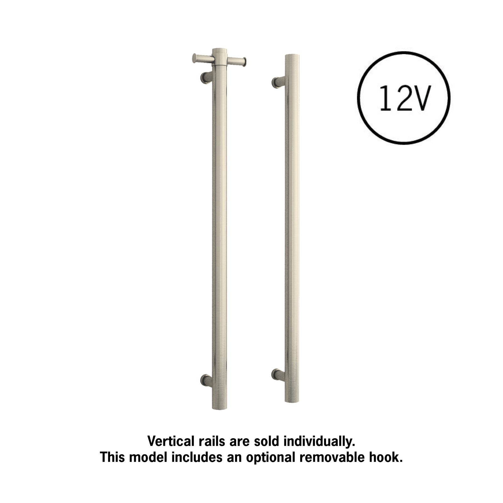 With Hook Thermogroup 12V Round Vertical Single Bar Heated Towel Rail Brushed Nickel VS900HBN - The Blue Space
