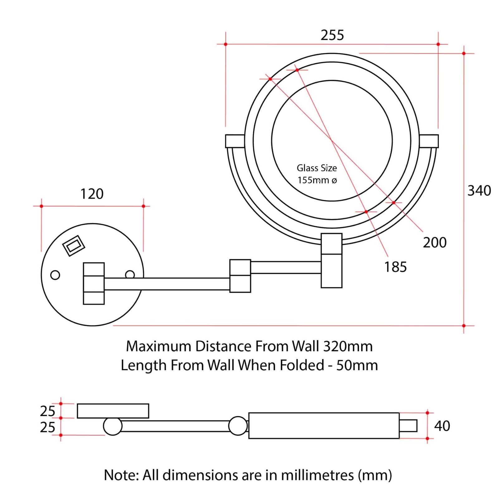 Technical Drawing Thermogroup Ablaze 1 & 5x Magnification Wall Mounted Shaving Mirror - Brushed Nickel, 200mm diametre with Concealed Wiring L155CSMCBN - The Blue Space