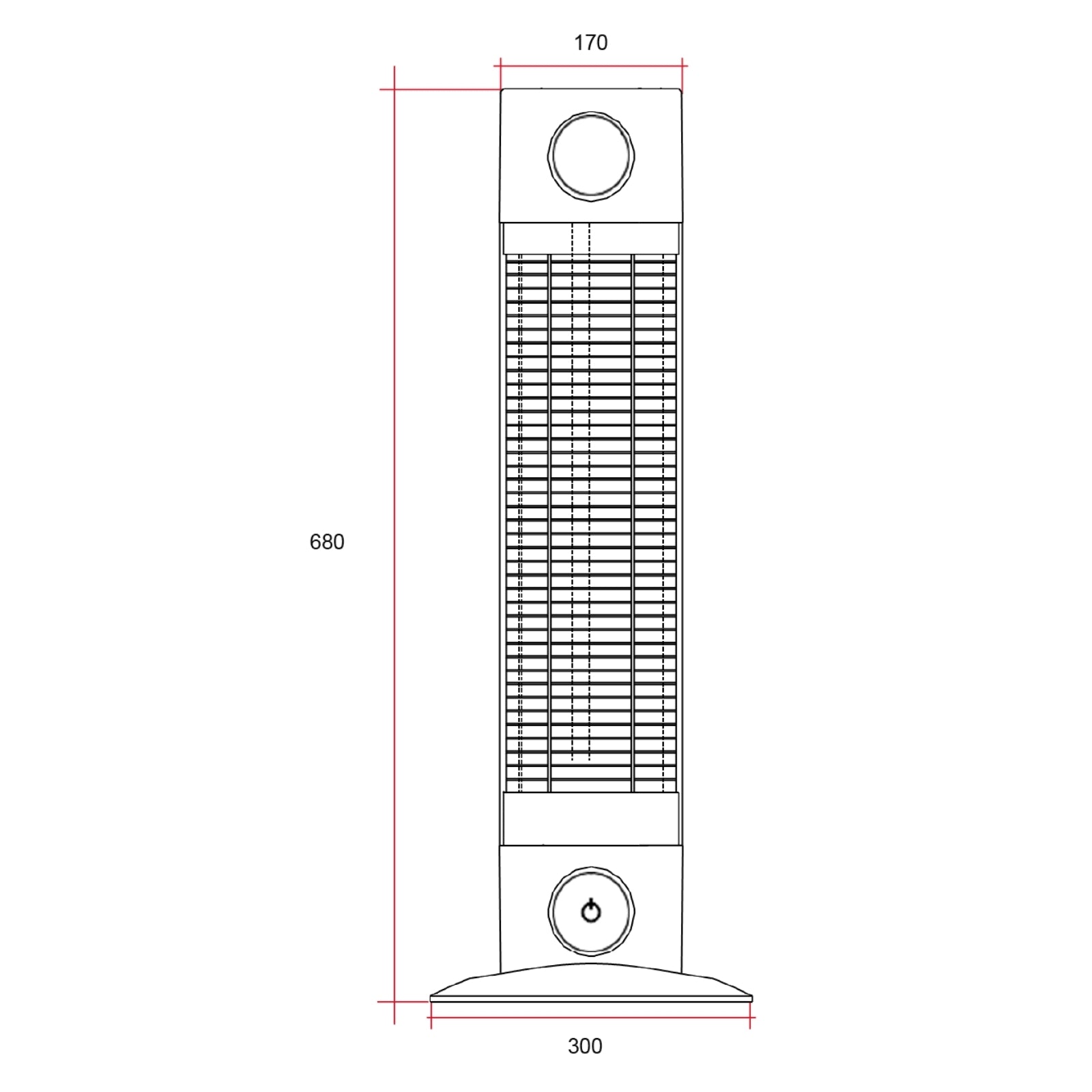 Technical Drawing Thermogroup Cedar 1200W Free Standing Outdoor Heater with Remote 680x300x300mm - Black CO1200RB - The Blue Space