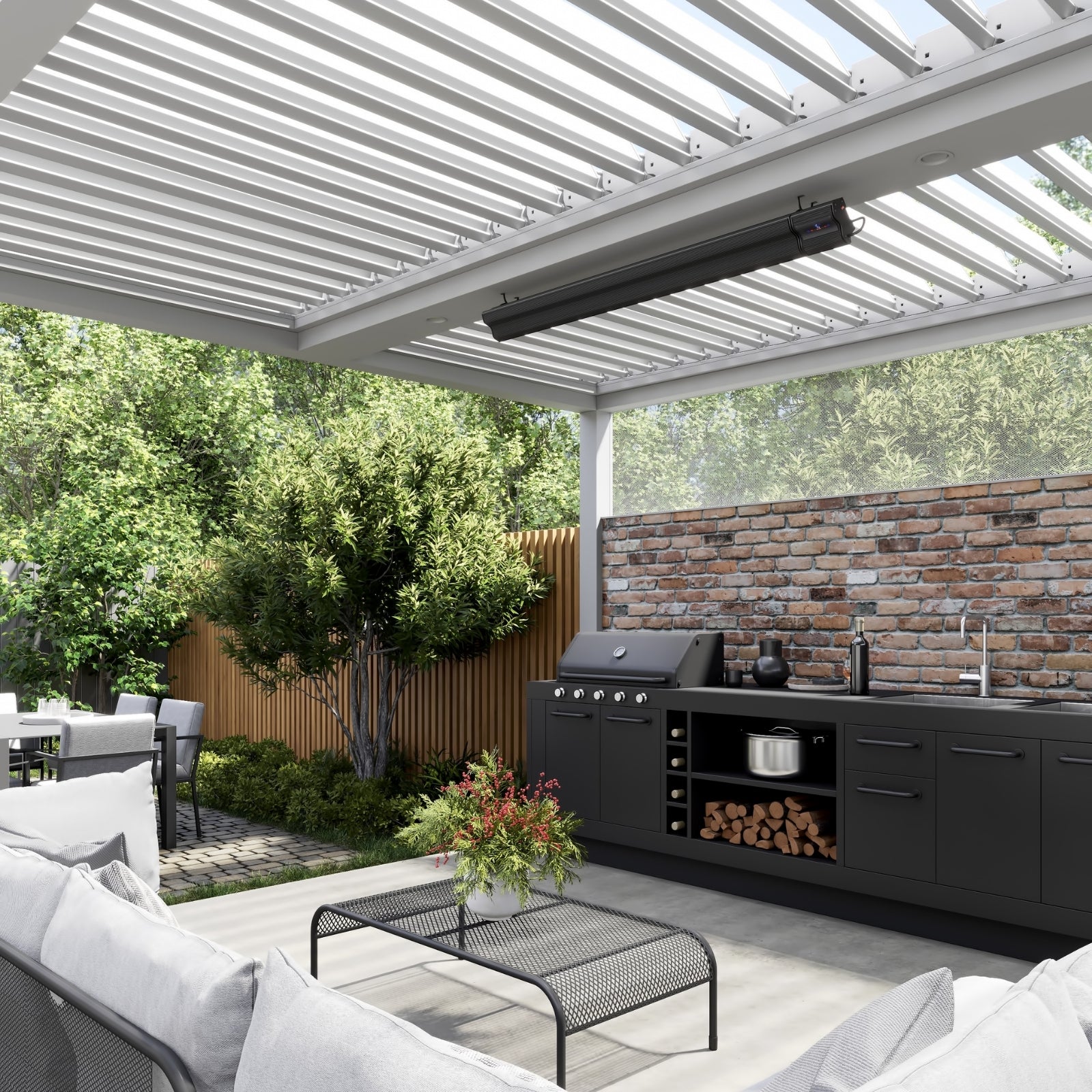 Lifestyle 2 Thermogroup Lotus 1200W Wall Mounted Outdoor Heater with Remote & Wi-Fi 940x150x215mm - Black LO1200WB - The Blue Space