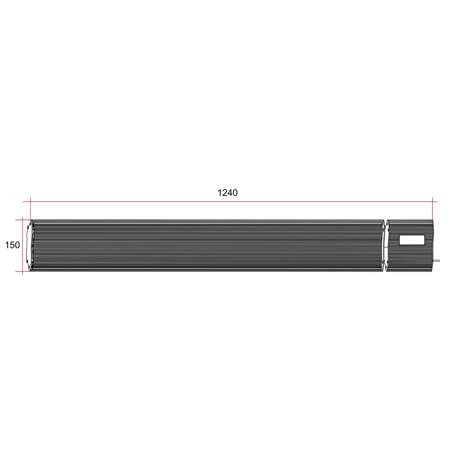 Technical Drawing Thermogroup Lotus 1800W Wall Mounted Outdoor Heater with Remote & Wi-Fi 1240x150x215mm - Black LO1800WB - The Blue Space