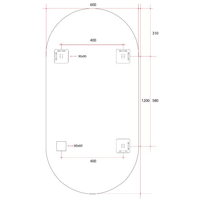 Technical Drawing Thermogroup Pill Shape Polished Edge Mirror with Hangers 600x1200mm DP6012HN - The Blue Space