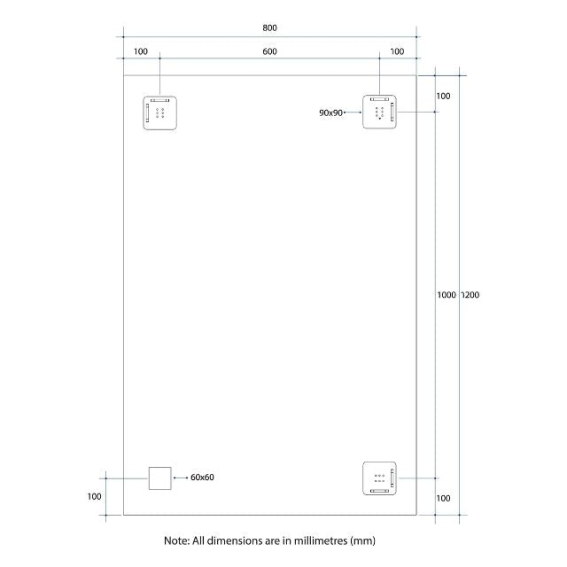 Technical Drawing Thermogroup Rectangle Mirror with Sandblasted Border 1200x800mm SS1280HN - The Blue Space