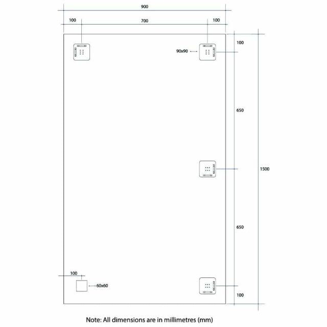 Technical Drawing Thermogroup Rectangle Mirror with Sandblasted Border 1500x900mm SS1590HN - The Blue Space