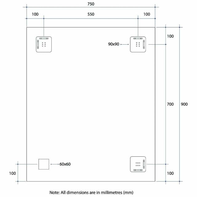 Technical Drawing Thermogroup Rectangle Mirror with Sandblasted Border 900x750mm SS9075HN - The Blue Space
