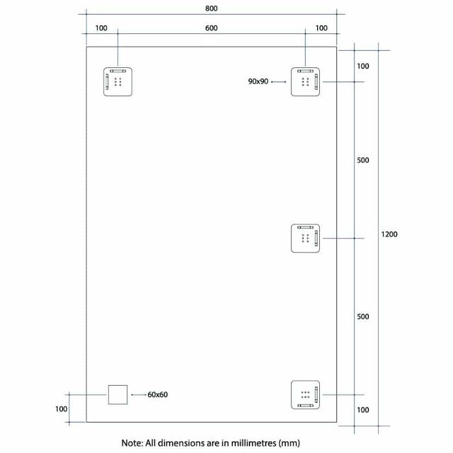 Technical Drawing Thermogroup Rectangle Polished Edge Mirror 1200x800mm JS1280HN - The Blue Space
