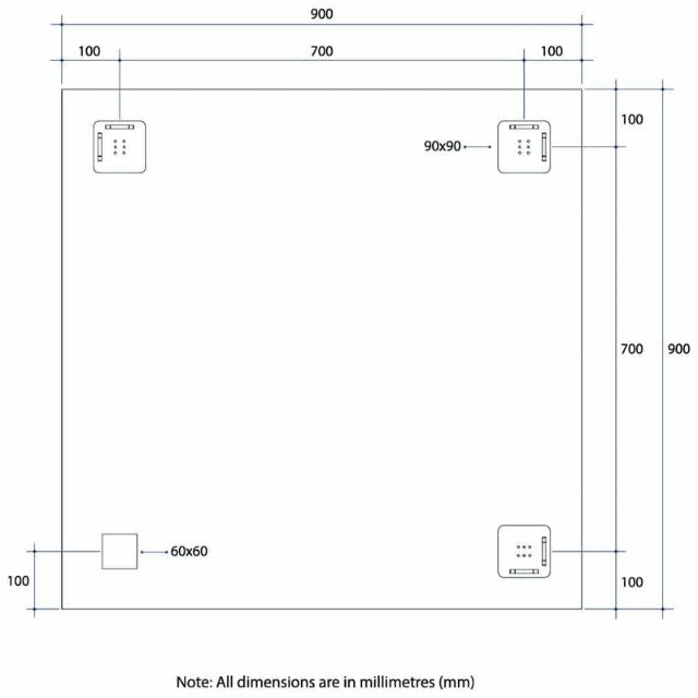 Technical Drawing Thermogroup Rectangle Polished Edge Mirror 900x900mm JS9090HN - The Blue Space