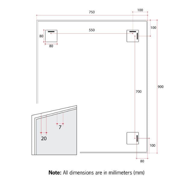 Technical Drawing Thermogroup Rectangular White Framed Mirror CS9075W - The Blue Space