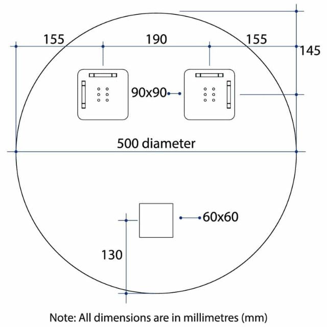 Technical Drawing Thermogroup Round 18mm Bevel Edge Mirror 500mm KR5050HN - The Blue Space