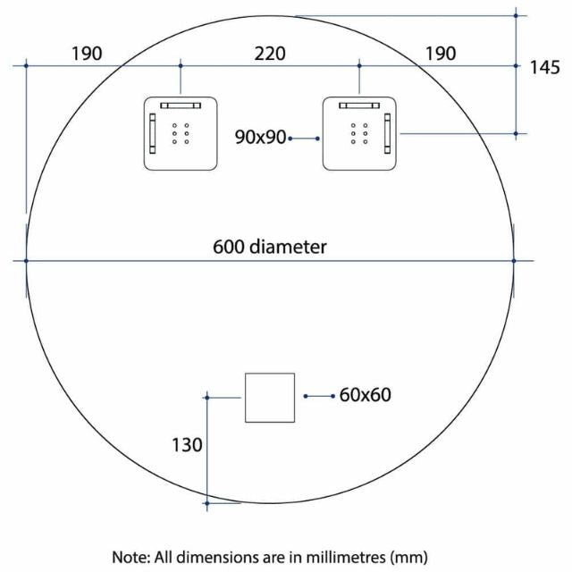 Technical Drawing Thermogroup Round 18mm Bevel Edge Mirror 600mm KR6060HN - The Blue Space