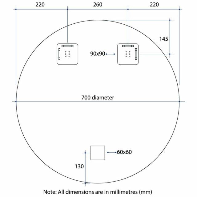 Technical Drawing Thermogroup Round 18mm Bevel Edge Mirror 700mm KR7070HN - The Blue Space
