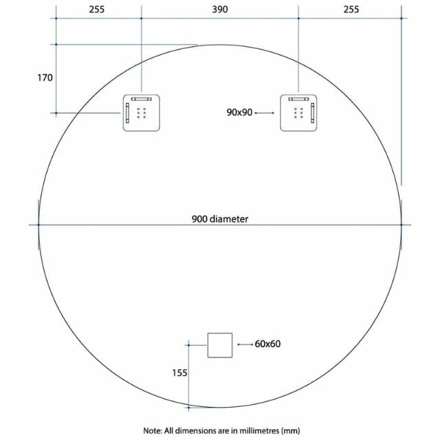Technical Drawing Thermogroup Round 18mm Bevel Edge Mirror 900mm KR9090HN - The Blue Space