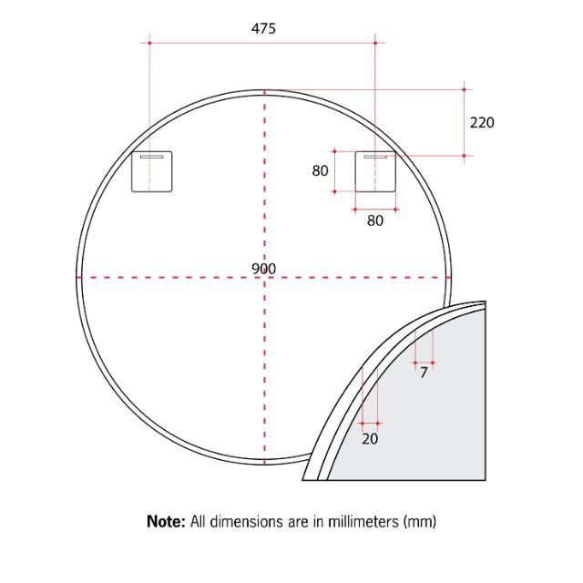 Technical Drawing Thermogroup Round Gold Framed Mirror 900mm GR9090G - The Blue Space