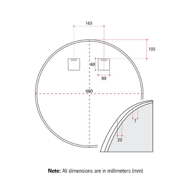 Technical Drawing Thermogroup Round White Framed Mirror 600mm GR6060W - The Blue Space