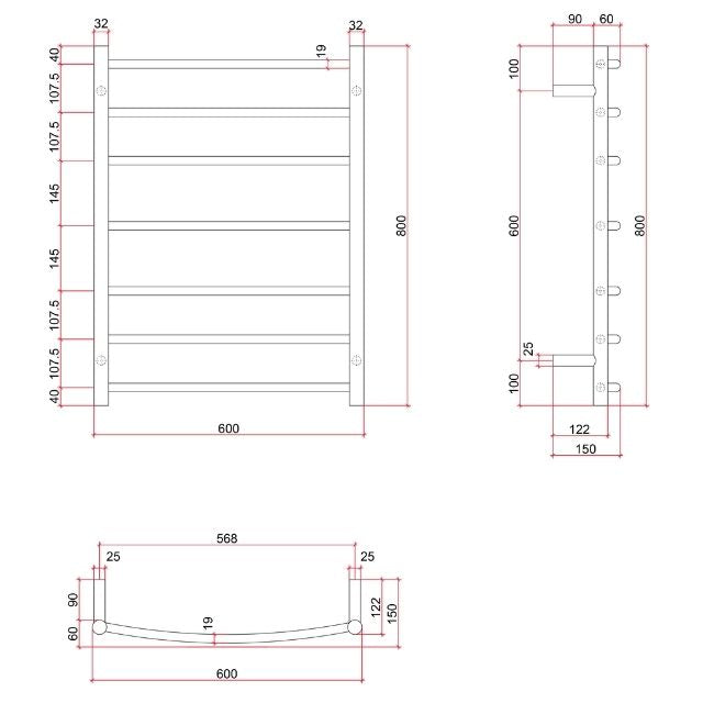Technical Drawing Thermogroup Thermorail Budget Curved/Round 600x800x150mm 80Watts 7 Bars BC44M - The Blue Space