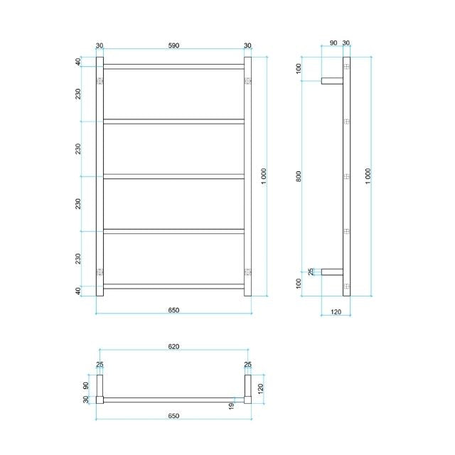 Technical Drawing Thermogroup Thermorail Non-Heated Straight/Square Ladder 650x1000x120mm 5 Bars USS56 - The Blue Space
