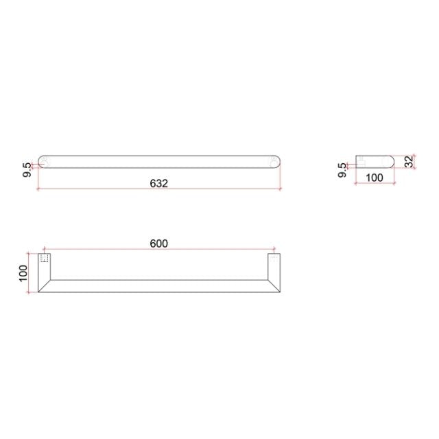 Technical Drawing Thermogroup Thermorail Round Single Rail 632x32x100mm 18Watts - Brushed Nickel - Includes Transformer DSR6BN - The Blue Space