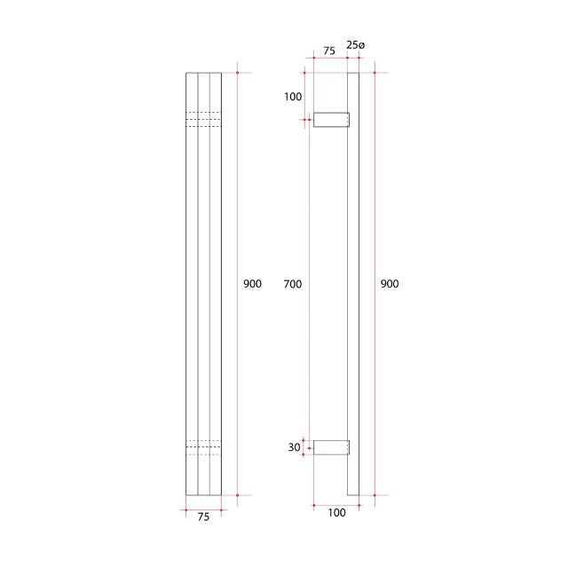 Technical Drawing Thermogroup Thermorail Round/Triple Tube 12Volt Vertical Bar 900x75x100mm 39Watts - Matt Black VW900B - The Blue Space
