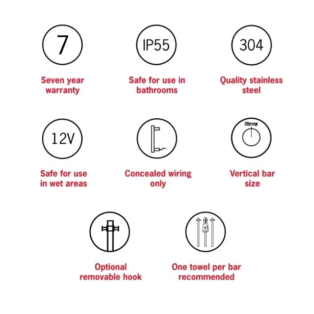 Features Thermogroup Thermorail Straight/Round 12Volt Vertical Bar 900x142x100mm 22Watts With Optional Hook - Brushed Gun Metal VS900HBGM - The Blue Space