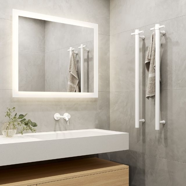 Lifestyle Thermogroup Thermorail Straight/Round 12Volt Vertical Bar 900x142x100mm 26Watts With Optional Hook - Matt White VS900HMW - The Blue Space