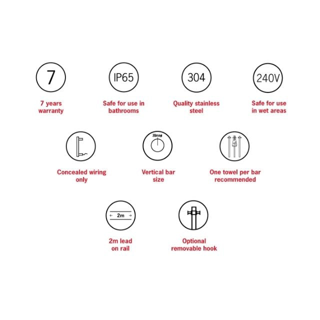 Features Thermogroup Thermorail Straight/Round 240Volt Vertical Bar 900x142x100mm 20Watts With Optional Hook - Brushed Gun Metal VSH900HBGM - The Blue Space