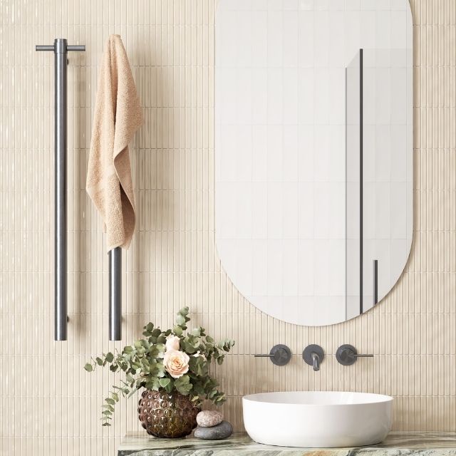 Lifestyle Thermogroup Thermorail Straight/Round 240Volt Vertical Bar 900x142x100mm 20Watts With Optional Hook - Brushed Gun Metal VSH900HBGM - The Blue Space