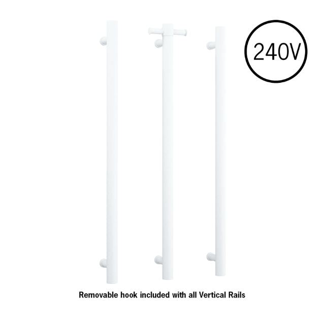 Thermogroup Thermorail Straight/Round 240Volt Vertical Bar 900x142x100mm 22Watts With Optional Hook - Matt White VSH900HMW - The Blue Space