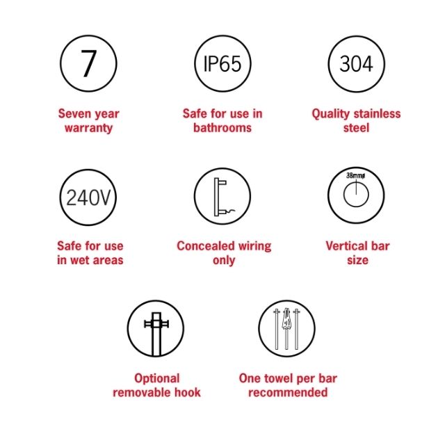 Features Thermogroup Thermorail Straight/Round 240Volt Vertical Bar 900x142x100mm 22Watts With Optional Hook - Matt White VSH900HMW - The Blue Space