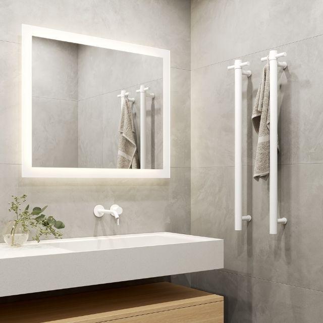 Lifestyle Thermogroup Thermorail Straight/Round 240Volt Vertical Bar 900x142x100mm 22Watts With Optional Hook - Matt White VSH900HMW - The Blue Space