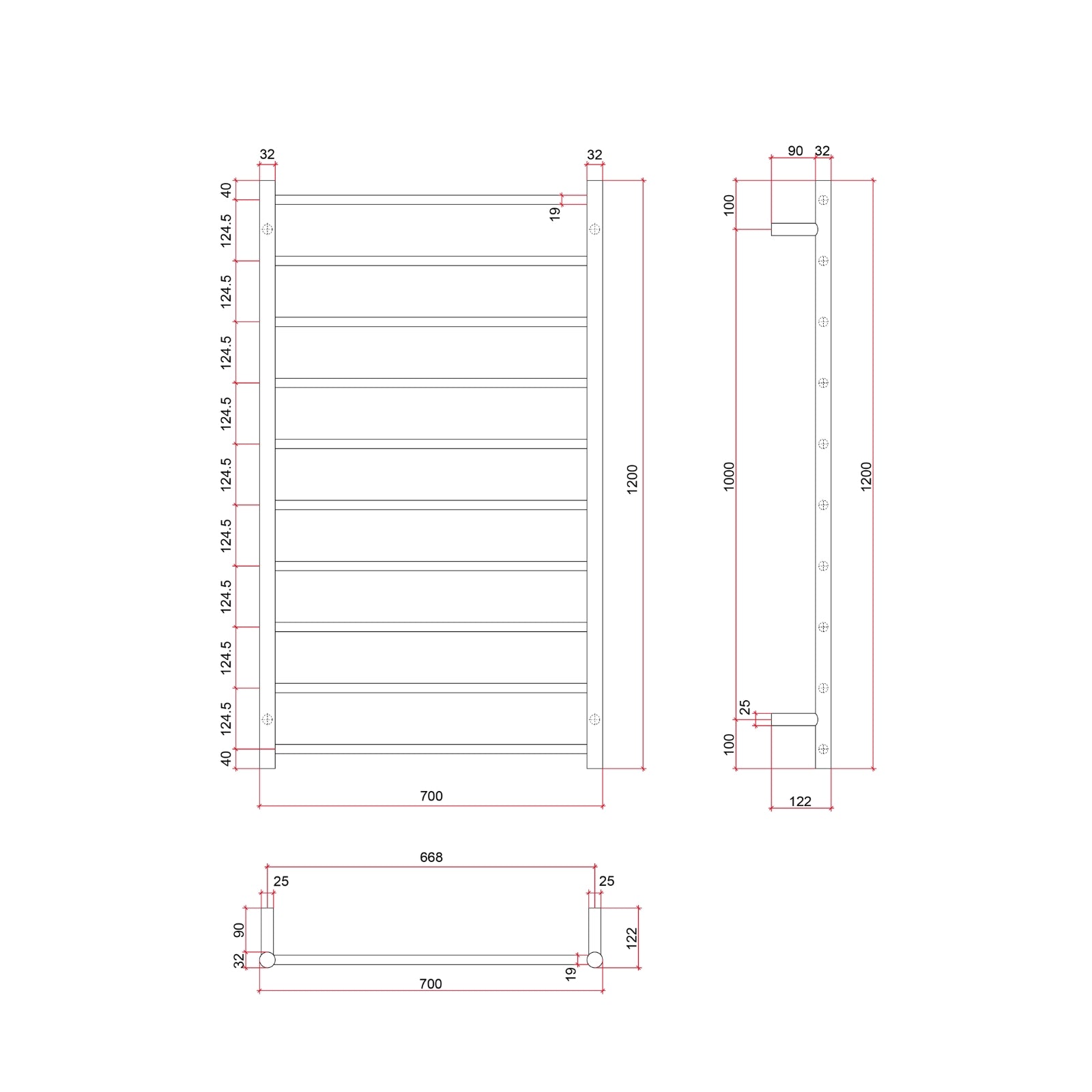 Technical Drawing Thermogroup Thermorail Straight/Round 700x1200x122mm 128Watts 10 Bars - Brushed Nickel SR69MBN - The Blue Space