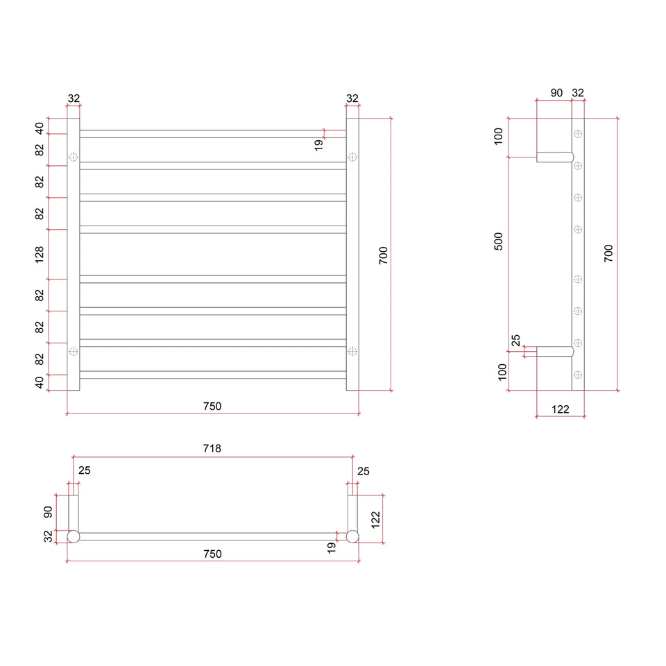 Thermogroup Thermorail Straight/Round 750x700mm 8 Bars - Brushed Nickel