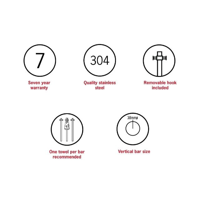 Features Thermogroup Thermorail Straight/Round Non-Heated Vertical Bar 900x142x100mm With Optional Hook - Brushed Stainless UVS900HBR - The Blue Space